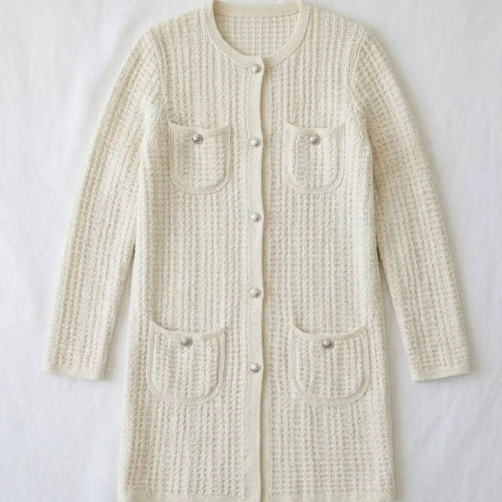NWT Talbots Women's Textured Metallic Cream Knit Cardigan Coat L